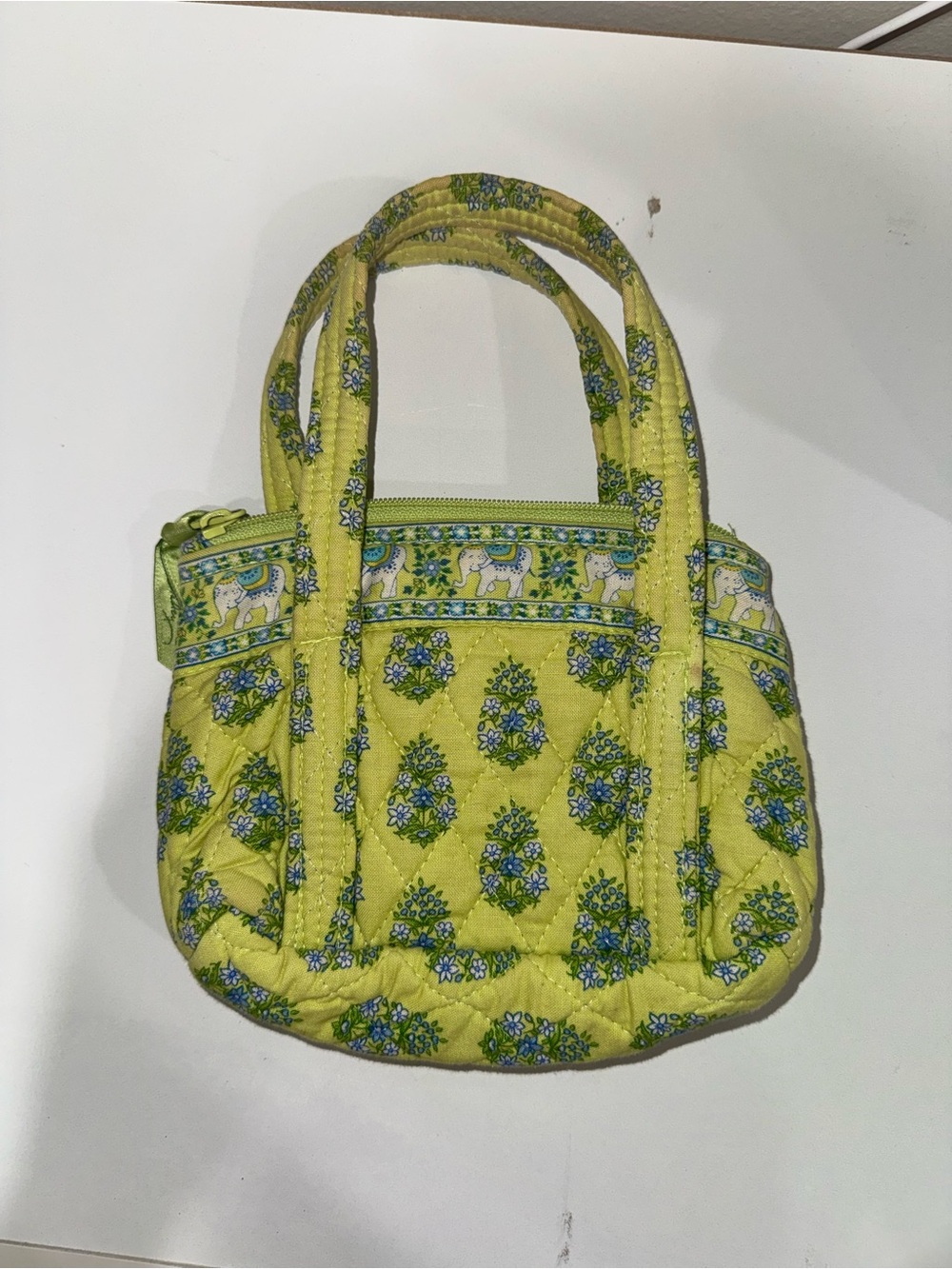 Vera Bradley Lime Green Quilted Mini Tote with Blue Floral & Elephant Trim